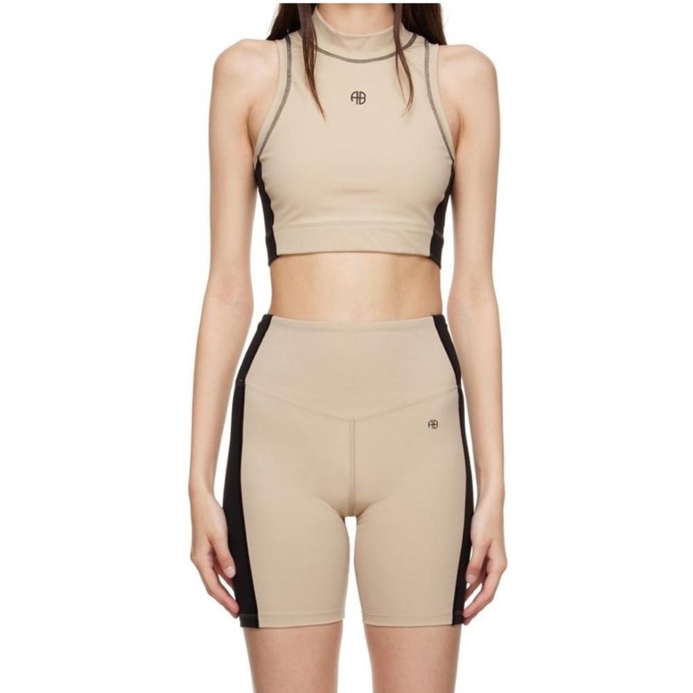 Anine Bing Sport Blake Biker Shorts Neutral Tan Black Side Racing Stripe S